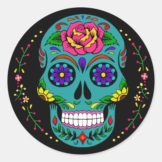 Día de los Muertos Blauwgroen Suikerschedel Hallow Ronde Sticker (Voorkant)