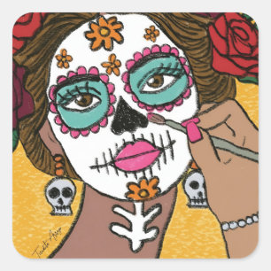 Dia de los Muertos Bloem Make-up  Vierkante Sticker