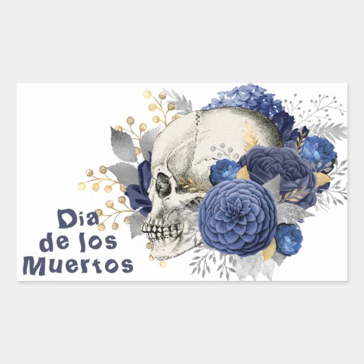 Dia de los Muertos Blue Floral Rechthoekige Sticker (Voorkant)
