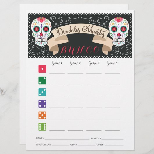 Dia De Los Muertos Bunco Game Score Kaart (Voorkant / Achterkant)