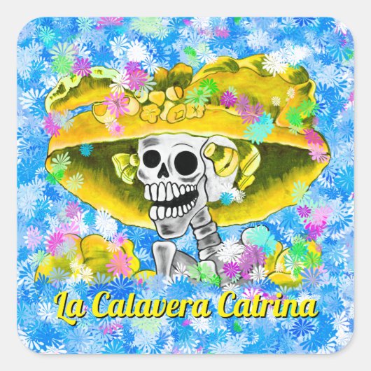 Dia de los Muertos Calavera in gele motorkap Vierkante Sticker (Voorkant)