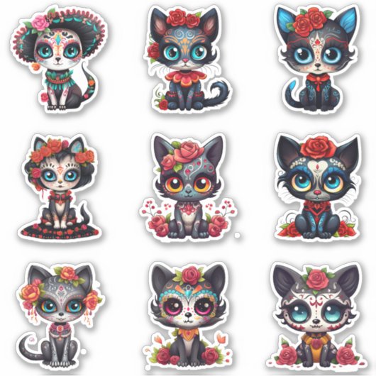 Dia de Los Muertos Cat Stickers - Set van 9 (Voorkant)