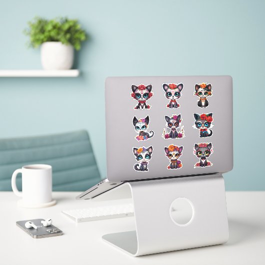 Dia de Los Muertos Cat Stickers - Set van 9 (Laptop op bureau)