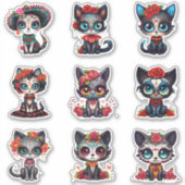 Dia de Los Muertos Cat Stickers - Set van 9 (Voorkant)