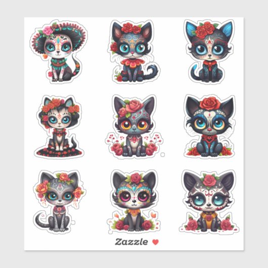 Dia de Los Muertos Cat Stickers - Set van 9 (Vel)