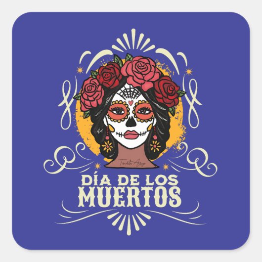 Día de los Muertos Catrina con Rosas Vierkante Sticker (Voorkant)