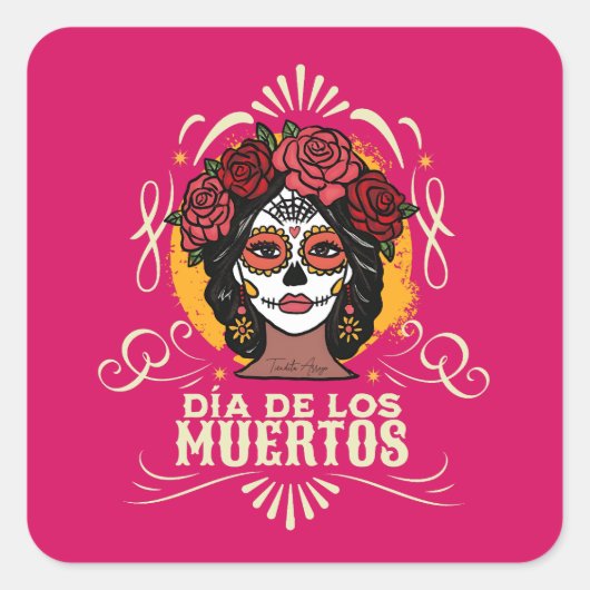 Día de los Muertos Catrina con Rosas Vierkante Sticker (Voorkant)
