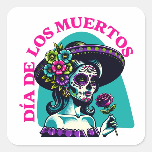 Día de los Muertos Catrina Rose Pop Art Vierkante Sticker (Voorkant)