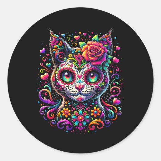 Dia de los Muertos Cinco de Mayo Kat Suikerschedel Ronde Sticker (Voorkant)