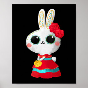 Dia De Los Muertos Cute Bunny Red Dress Mexican Poster