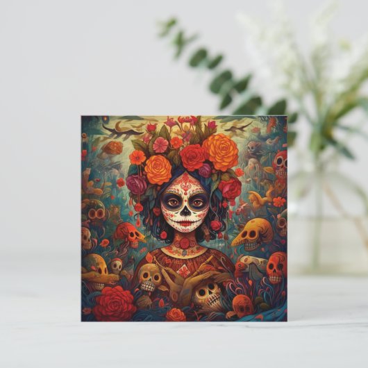 Dia de los Muertos (Dag van de Doden) Witte Bloeme Kaart (Staand voorkant)