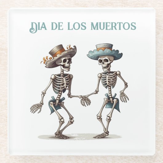 Dia de los Muertos dansende skeletten aanpasbaar Glazen Onderzetter (Voorkant)
