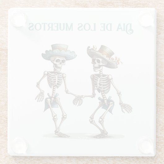 Dia de los Muertos dansende skeletten aanpasbaar Glazen Onderzetter (Achterkant)