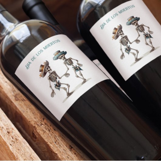 Dia de los Muertos dansende skeletten aanpasbaar Wijn Etiket