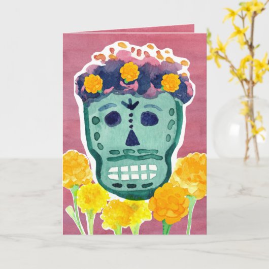 Dia de los Muertos Day of the Dead Skull Marigolds Kaart (Gele Bloem)