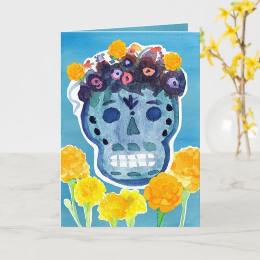 Dia de los Muertos Day of the Dead Skull Marigolds Kaart (Gele Bloem)