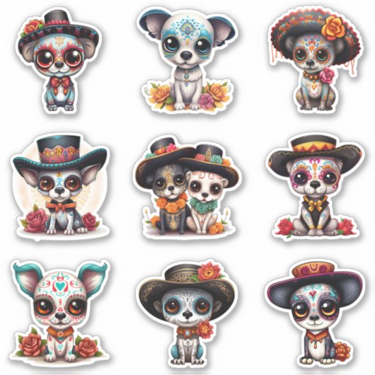 Dia de Los Muertos Dog Stickers - Set van 9 (Voorkant)