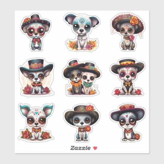Dia de Los Muertos Dog Stickers - Set van 9 (Vel)