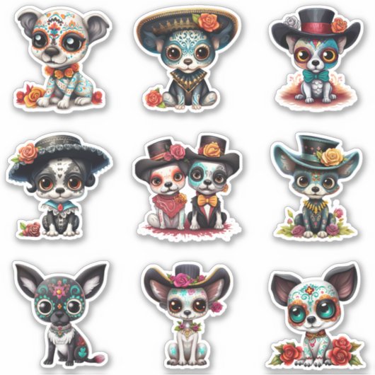 Dia de Los Muertos Dog Stickers - Set van 9 (Voorkant)