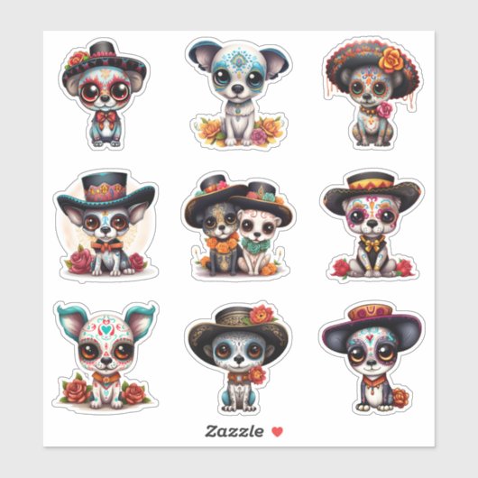 Dia de Los Muertos Dog Stickers - Set van 9 (Vel)