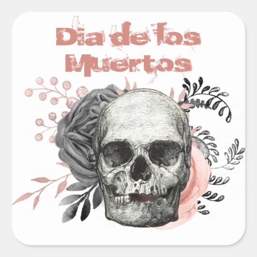 Dia de los Muertos Grijs Roze Roze Roos Schedel Vierkante Sticker (Voorkant)