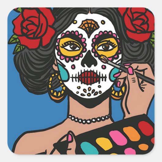 Dia de los Muertos Hand getrokken Catrina Vierkante Sticker (Voorkant)