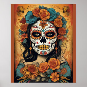 Dia de los Muertos Kunst: Bloemensuiker Schedel Ma Poster