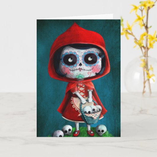 Dia DE los Muertos Little Rode Berijdende Kap Kaart (Gele Bloem)
