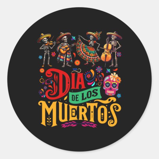 Dia de los Muertos Mexican Skeletons Instrumentali Ronde Sticker (Voorkant)