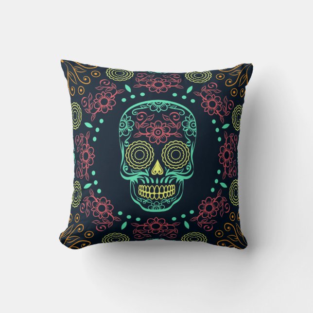 Dia de los Muertos Neon Floral Skull Sierkussen (Voorkant)