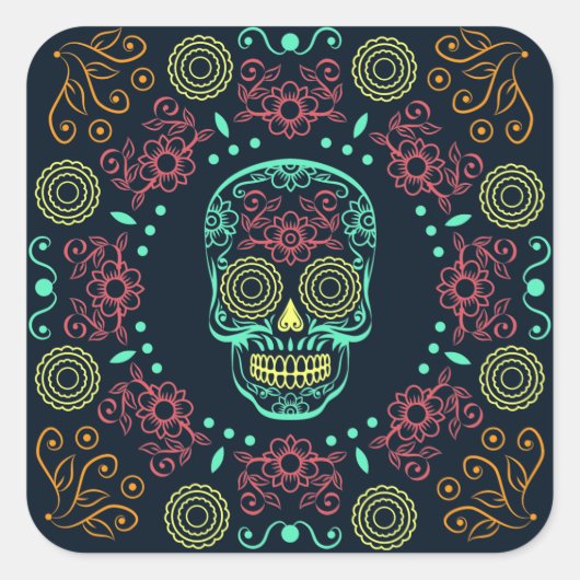 Dia de los Muertos Neon Floral Skull Sticker Seal (Voorkant)