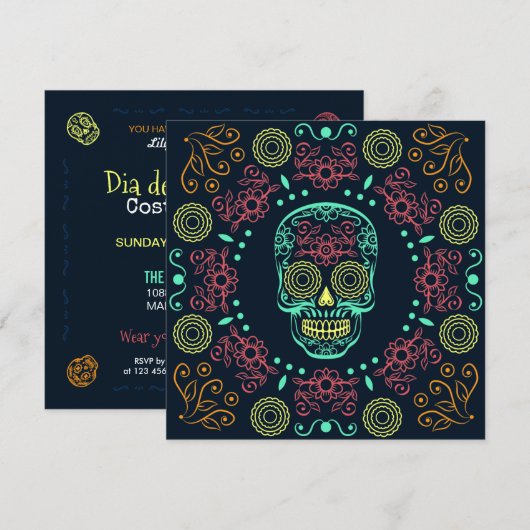 Dia de los Muertos Neon Floral Skull | Uitnodiging (Voorkant / Achterkant)