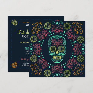 Dia de los Muertos Neon Floral Skull   Uitnodiging
