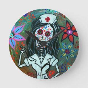 Dia de los Muertos Nurse RN schilderij Ronde Klok