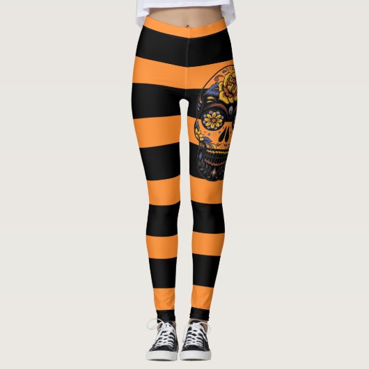 Dia de los Muertos Oranje Black en Sugar Skull Leggings (Voorkant)