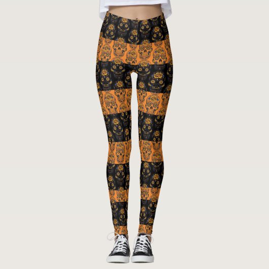 Dia De Los Muertos Oranje Black Stripe Sugar Skull Leggings (Voorkant)