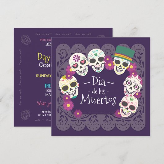 Dia de los Muertos Pink Floral Skulls | Uitnodigin Kaart (Voorkant / Achterkant)
