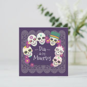 Dia de los Muertos Pink Floral Skulls | Uitnodigin Kaart (Staand voorkant)