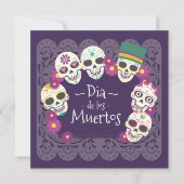 Dia de los Muertos Pink Floral Skulls | Uitnodigin Kaart (Voorkant)