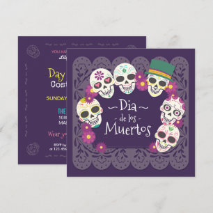 Dia de los Muertos Pink Floral Skulls   Uitnodigin Kaart