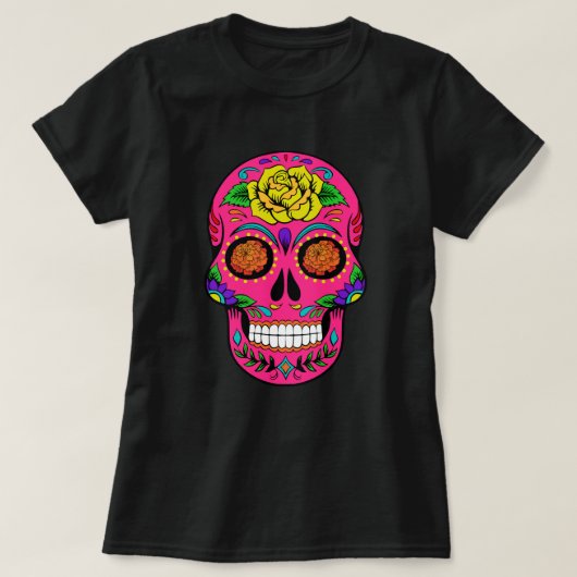Dia de los Muertos Pink Sugar Skull Marigold Eyes T-shirt (Design voorkant)