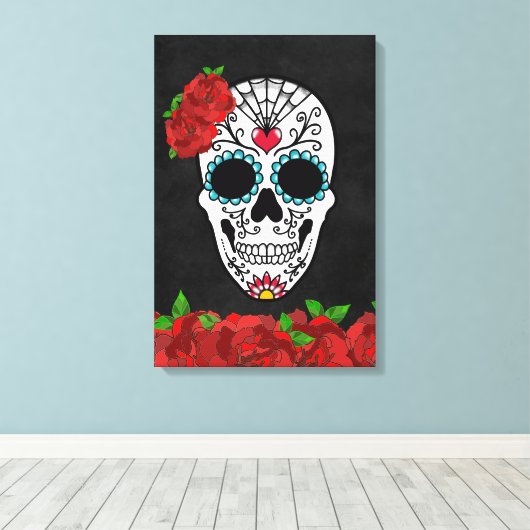 dia de los Muertos Red Roses Sugar Skull Canvas Afdruk (Insitu (Houten vloer))
