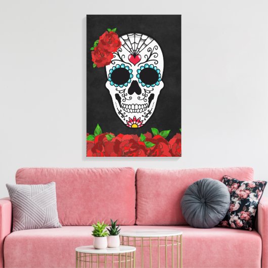  dia de los Muertos Red Roses Sugar Skull Canvas Afdruk (Insitu (Woonkamer))