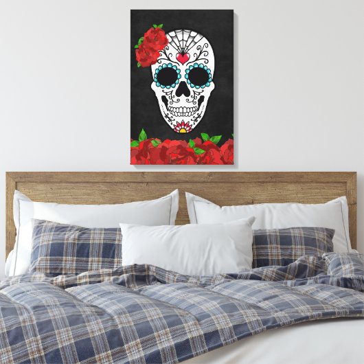  dia de los Muertos Red Roses Sugar Skull Canvas Afdruk (Insitu (Slaapkamer))