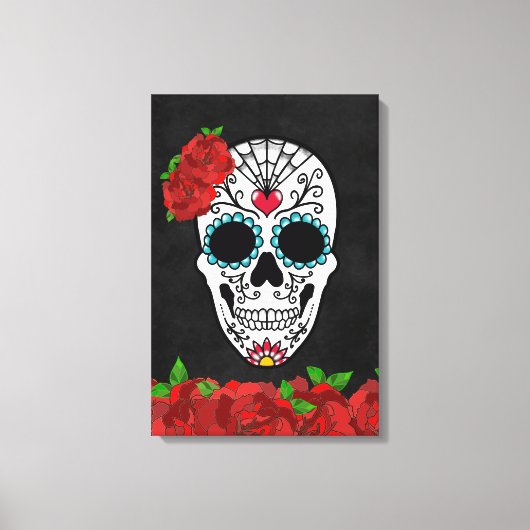  dia de los Muertos Red Roses Sugar Skull Canvas Afdruk (Voorkant)