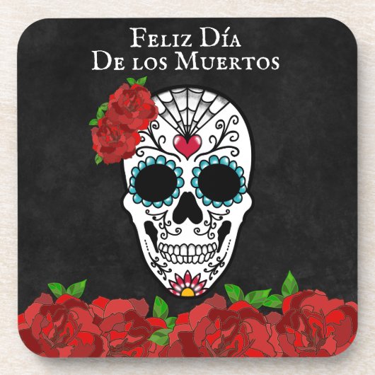Dia De Los Muertos Red Turquoise Sugar Skull Bier Onderzetter (Voorkant)