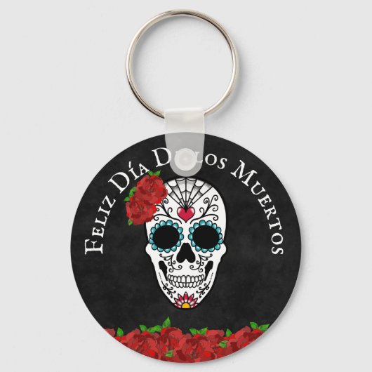 Dia De Los Muertos Red Turquoise Sugar Skull Sleutelhanger (Voorkant)