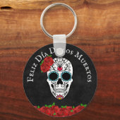 Dia De Los Muertos Red Turquoise Sugar Skull Sleutelhanger (Voorkant)