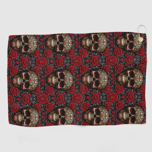 Dia de los Muertos Schedel met Rode Rozen Golfhanddoek (Horizontaal)