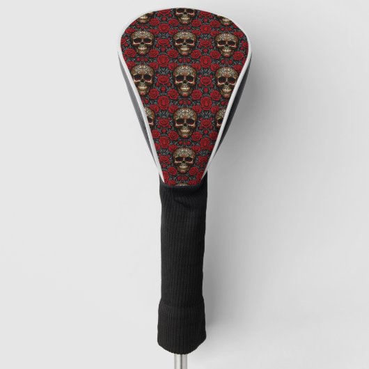Dia de los Muertos Schedel met Rode Rozen Golfheadcover (Voorkant)